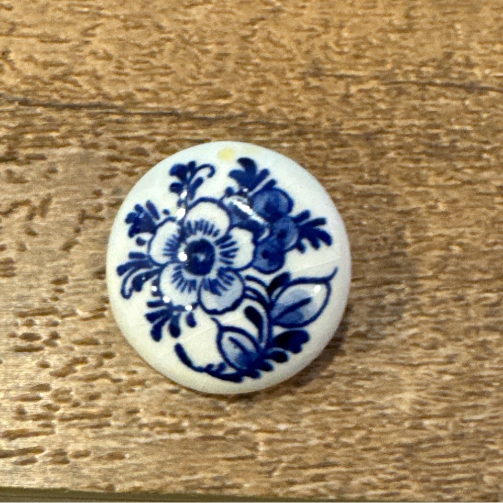 Vintage Delft Blue and White Flower Porcelain Brooch Made in Holland